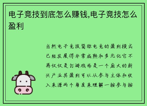 电子竞技到底怎么赚钱,电子竞技怎么盈利